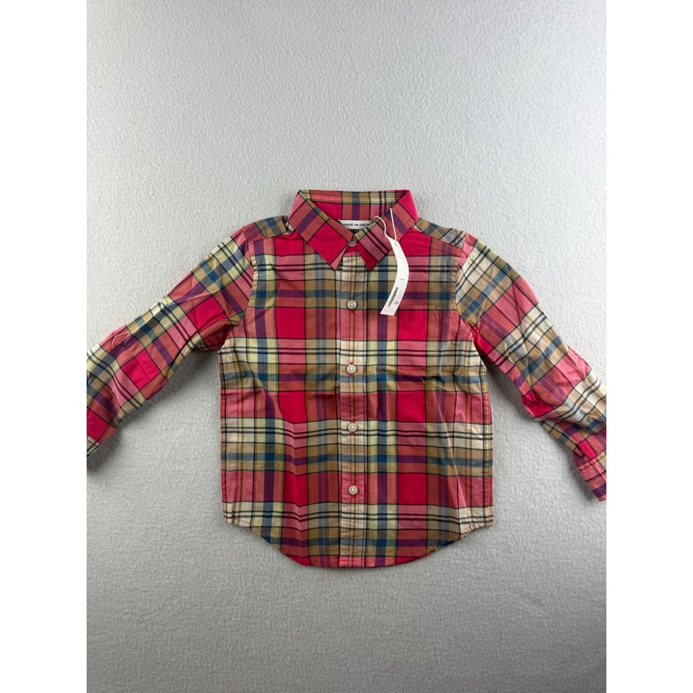 Janie and Jack Kids 2T Plaid Button Down Shirt Pink Blue Cotton Long Sleeve NEW